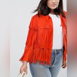 Red Fringed Microsuede Jacket size 20 River Island